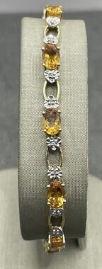 14K Yellow Gold Oval Orange Stone & Heart Diamond Detail Bracelet (27464)